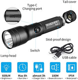 COSMOING High Power LED Flashlight USB C Rechargeable, 600 Lumen Tactical Flashlight IP65 Waterproof Handheld Flashlight for Emergency,Police Law Enforcement,Hunting,Camping,Hiking