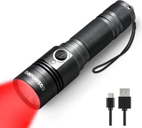 COSMOING 400 Yards 625nm Red Light Rechargeable LED Tactical Flashlight 18650 Torch Lamp
