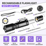 COSMOING 600LM White UV Light 395nm Blacklight Rechargeable Tactical LED Flashlight 18650